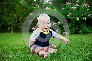 Happy adorable baby boy sitting on the grass