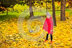 Happy adorable child girl with leaves in autumn park. Fall.The c