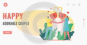 Happy Adorable Couple Landing Page Template. Loving Man and Woman Hold Huge Red Heart Padlock. Love, Romantic Dating
