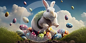 Happy adorable, fluffy, cute Easter Bunny jumping out of many colorful ornamental easter eggs in nature outdoor scenery.