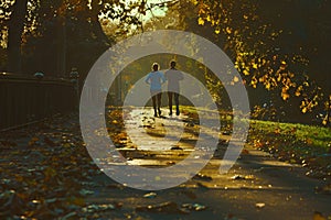 Happy adult couple enjoying morning run through sunlit forest, beautiful cinematic preset setting photo