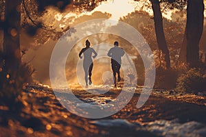 Happy adult couple enjoying a morning run in the sunlit forest with cinematic preset photo