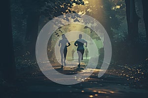Happy adult couple enjoying a morning run in the sunlit forest with cinematic preset photo