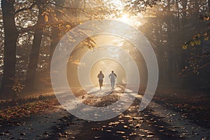 Happy adult couple jogging in the sunlit forest with cinematic preset on a beautiful morning photo