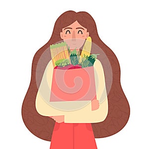 Happy adult female holding paper bag full of groceries vector illustration.