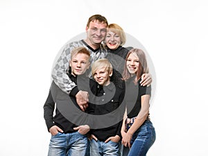 Happy adult large family, close-up portrait, isolated on white background