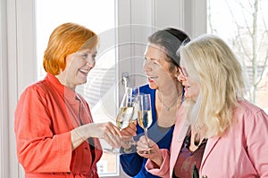 Happy Adult Women Friends Tossing Glasses of Wine