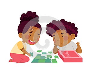 Happy African American Boy and Girl Playing Jigsaw Puzzle on the Floor Vector Illustration