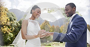 Happy african american bride putting ring on groom at wedding ceremony in sunny garden, slow motion