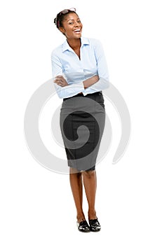 Happy African American businesswoman full length portrait on white