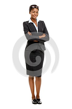 Happy African American businesswoman full length portrait on white