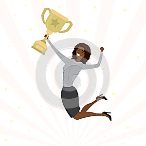 Happy african american businesswoman or office worker in jump. Successful employee holds winner cup. Award ceremony for winner.