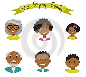 Happy African American family faces portraits of six members: parents,their son and daughter, and grandparents. Vector illustratio