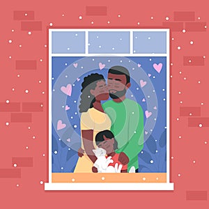 Happy african american family in home window flat color vector illustration