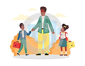 Happy african american family with kids walking to school a vector illustration.