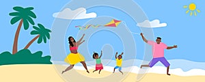 happy african american family launch a kite on the beach summer vacation vector