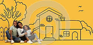 Happy African American family of three looking at illustrated house