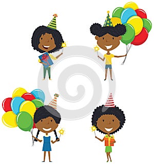 Happy African-American girls carrying colorful wrapped gift boxes, bright balloons and sparklers.