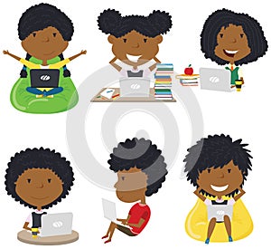Happy African-American girls learn and do homework by computer