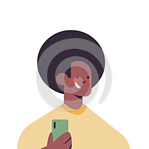 Happy african american man using smartphone smiling guy avatar male cartoon character portrait