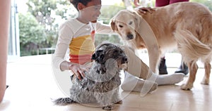 Happy african american mother and son sitting on floor, petting dogs, slow motion