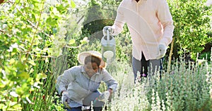 Happy african american senior couple gardening, watering flowers outdoors