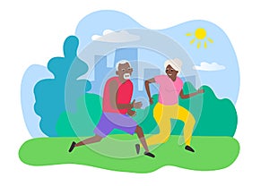 Happy african american senior couple running in the park healthy lifestyle vector