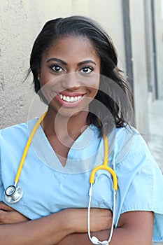 Happy African American trusted Doctor Woman isolated on gray background