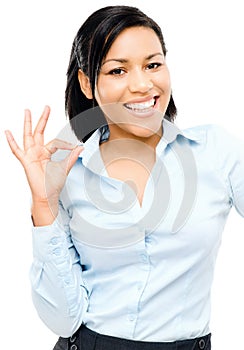 Happy african american woman okay sign white background