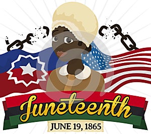 Happy African-American Woman over Flags Celebrating Slavery Abolishment during Juneteenth, Vector Illustration