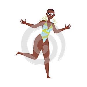 Happy African American Woman in Swimsuit Running on Beach Enjoying Summer Vacation and Seaside Rest Vector Illustration