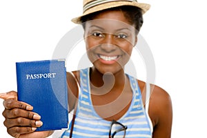 Happy African American Woman tourist holding passport white background