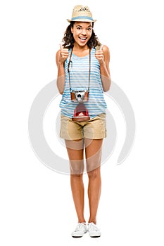 Happy African American woman tourist thumbs up isolated on white