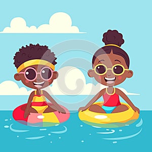 Happy African Boy and Girl Character Sitting Swimming Ring in Water for Pool Party on Summer