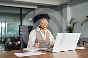 Happy African business woman female hr manager having online job interview.