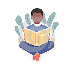 Happy African child reading book. Afro-American boy studying with textbook. Smart child with literature. Colored flat