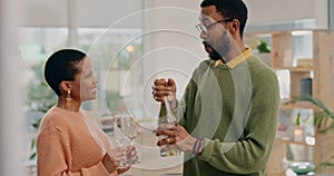 Happy African couple, champagne and home for party, goals or celebration for success, comic laugh or joke. Young black