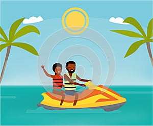 Happy african couple enjoy riding ski jet in blue ocean. Summer Vacation. Cartoon vector illustration. Sea tour. African