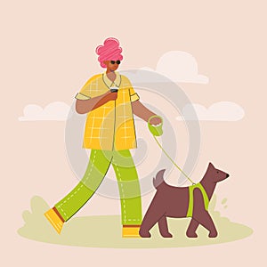 Happy african dark woman  walking with dog in park. Walk Your Dog Month.  Outdoor activity with pet. Trendy vector illustration in