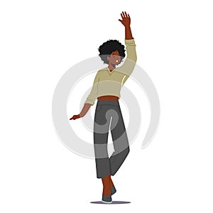 Happy African Female Character Waving Hand. Young Positive Woman Greeting Gesture, Cheerful Girl Excited Emotion