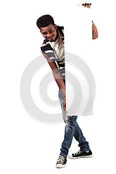 Happy African man holding empty bill board