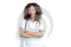 Happy african medical intern doctor on studio white