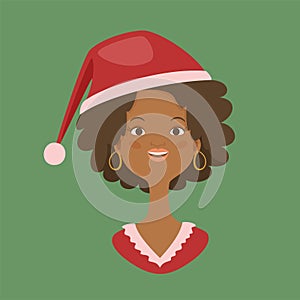 Happy African woman in Christmas hat. Black girl on Christmas vector illustration.