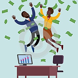 Happy african woman and man jump in the air falling money rain in the office. Success finance business, falling cash