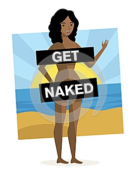 Happy african woman naked on nudist beach