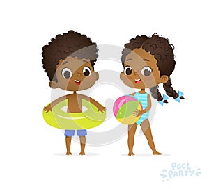 Happy Afro American Children in Swimming Pool. Boy and Girl in Swimsuit Travel to Summer Water Camp. Friend on Sea Beach