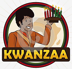 Happy Afro-American Man Holding a Kinara for Kwanzaa, Vector Illustration