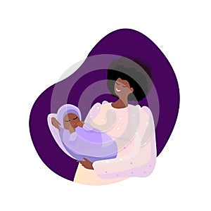 Happy Afro woman holding her newborn baby caring and nursing him in hands