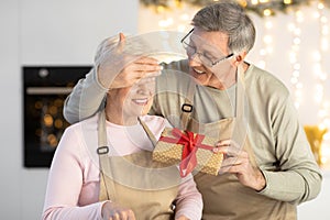 Happy Aged Man Suprising Wife With Christmas Gift In Kitchen