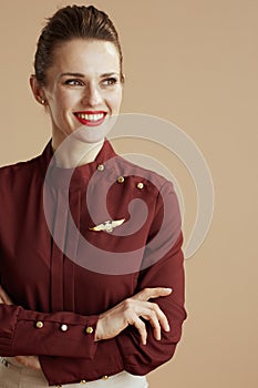 happy air hostess woman looking at copy space